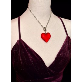 Unbranded Red  Glass Crystal Heart Pendant Charm Necklace Love Necklace Chunky 3D Large