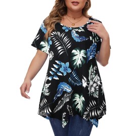 MONNURO Womens Plus Size Tops Short Sleeve Casual Crew Neck T Shirts with Asymmetrical Hemline, Blue Hawaiian Plant, 6X