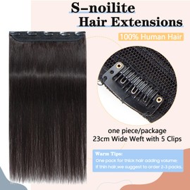 S-noilite Clip in Human Hair Extensions One Piece 5 Clips 100% Remy Real Human Hair Extensions Clip In Thin Weft (12"-40g, 1B, Natural Black)