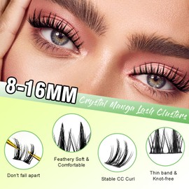 SOFENIDA Manga Lash Clusters Wispy Cluster Lashes Fairy Eyelash Clusters CC Curl DIY Lash Extension 8-16mm Wet-Look Spiky Anime Lashes Cluster 0.03mm Invisible Lash Band Cluster Eyelash Extension