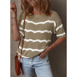 Dokotoo Womens Fashion Casual Spring Summer Tops for Women 2024 Trendy Dressy Crew Neck Striped Pullover Sweater T-Shirts 3/4 Sleeve Tunic Tops Hollow Out Loose Shirts Khaki Large