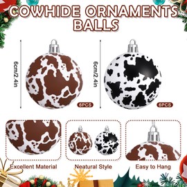 Syhood 24 Pcs Cowhide Printed Christmas Tree Ornaments Set Plastic Western Cow Christmas Ball and Satin Ribbon Bows Hanging Country Xmas Tree Decorations for Home Wedding Xmas Holiday Party