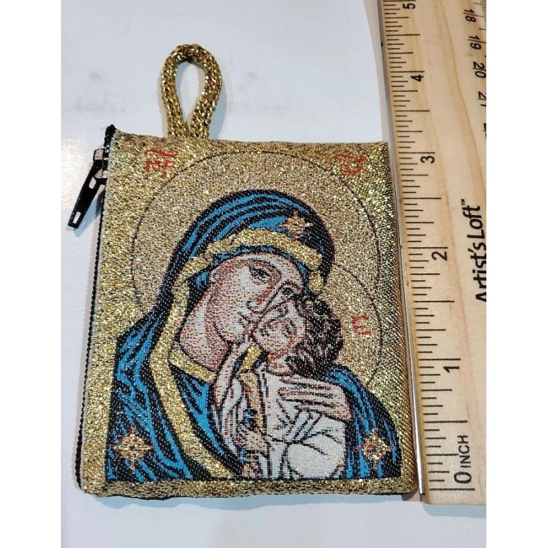 Madonna and Child Full Color Zipper Rosary Pouch with Gold