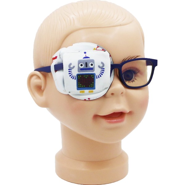 Parche para ojos astrópico 3D de algodón y seda para niños | Parche para ojos para niños | Parche médico para niños con ojo perezoso (robot gris, ojo derecho)