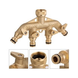 [Brass Body with Brass Shut Off] Tech Traders 4-Way Brass Faucet Manifold Garden Hose Connector with Individual Brass Shut-Off Valve, 3/4" Tap & Outlets with Quick Connector Solid Brass Material