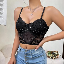 Naimo Womens Rhinestone Corset Bustier Push Up Lace Crop Top Spaghetti Strap Cami Sheer Mesh Tank Top