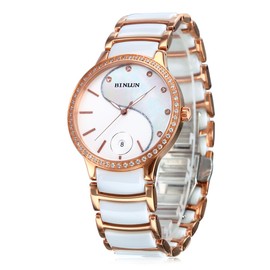 BINLUN Ceramic Watch Rose Gold and White Two Tone Bracelet Watches with Calendar Date Diamond Accented Bezel Quartz Movement Valentine Gifts