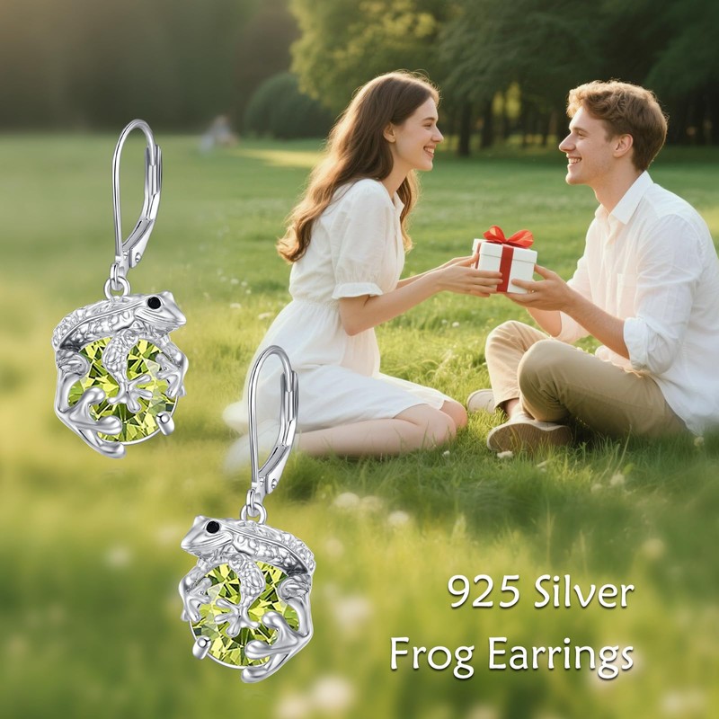 Frog Earrings with Birthstone 925 Sterling Silver Frog Drop Dangle