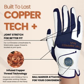 Copper Tech Men's Golf Gloves - Optimal Wrist Support with Copper Infused Thread - 100% AAA Synthetic Tacky Leather - Perfect for Summer & Fall Golfing - Golf Gloves Men (Hand Orientation: Both Hand)