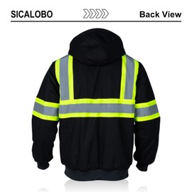 Sicalobo Men's High Visibility Fleece Lined Safety Sweatshirt,High Vis Winter Canvas Work Jacket,Reflective Water Resistant Thermal Construction Hooded Workwear(Black,S)