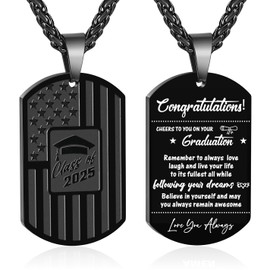Gnamy Graduation Gifts for Him, Class of 2025 College High School Senior Graduate Necklace for Men Teens Boys Male American Flag Dog Tag Pendant Cross Chain Inspirational Jewelry Black Congrats