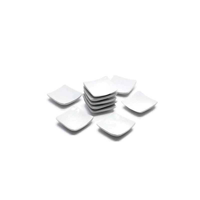 Set of 10 Ceramic Plates and Bowls, Square Shape, White,