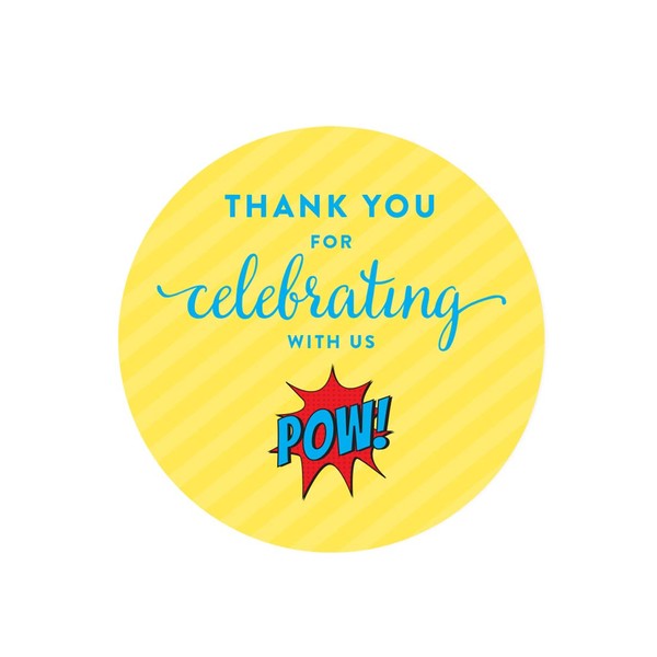 Andaz Press Birthday Round Circle Labels Stickers, Thank You for Celebrating with Us, Superhero Pow Bam, 40-Pack, for Gifts and Party Favors