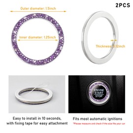 Kewucn 2 PCS Bling Crystal Double Rhinestone Car Engine Start Decoration Ring, Sparkling Push Start Button Sticker, Key Ignition & Knob Ring Decoration, Bling Car Interior Accessory(Purple)