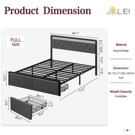 SUNLEI Full Bed Frame with Led Light and 2 Drawers, Metal Platform Bed with Button Tufted Headboard, Strong Metal Slats, Easy Assembly, No Box Spring Needed, Modern, Black