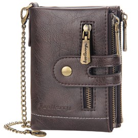 SUMGOGO Wallets for Men Bifold Leather Wallets with Chain RFID Blocking Double Zipper Coin Pocket Short Purse (Coffee)