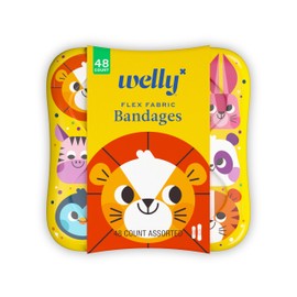Welly Bandages | Adhesive Flexible Fabric Bravery Badges | Assorted Shapes for Minor Cuts, Scrapes, and Wounds | Colorful and Fun First Aid Tin | Zoo Animals Patterns - 48 Count