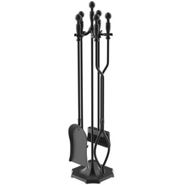 LOENIY 5 Pieces 31In Fireplace Tools Set, Wrought Iron Fireplace Tools with Ergonomic Handle, Fireplace Accessories Set Included Tong, Shovel, Base, Poker and Brush for Indoor & Outdoor (Black)
