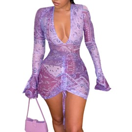 Women's Sheer Mesh Cover Ups Long Sleeve Bodycon Ruched Beach Dress for Swimwear