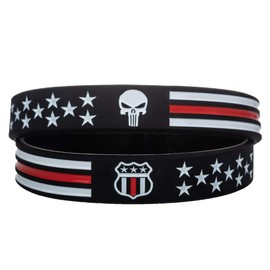 Sainstone Power of Faith USMC Skull Thin Red Line Silicone Bracelets with American Flag - Military Rubber Wristbands Gifts for U.S. Marine Corps, Coast Guard and Army (Unisex)