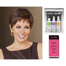 Winner Large Cap Wig Color R25 - Raquel Welch Women's Wigs Short Pixie Wispy Bang Textured Layers Memory Cap Bundle with Travel Kit, MaxWigs Hair Loss Booklet
