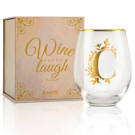 Onebttl Unique Stemless Wine Glasses, Initial Wine Cup for Red or White Wine - 18oz, Monogrammed, Gold - for Women, Girls, Female, Her, Friends, Coworkers, Clients - for Birthday, Christmas