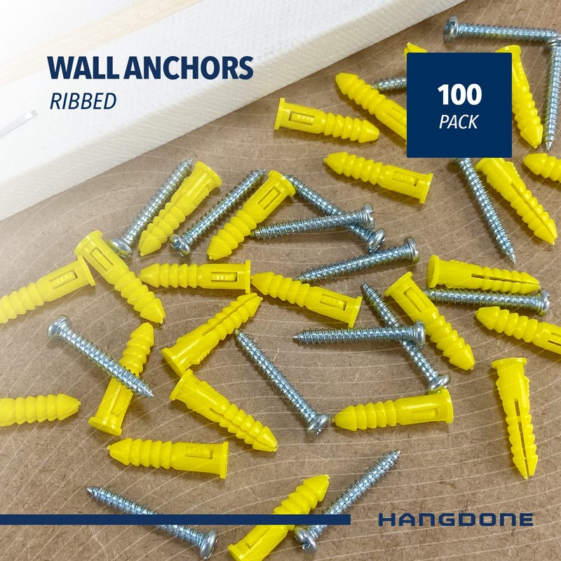 HANGDONE Ribbed Wall Anchors #4-#6 7/8-Inch with Screws 100-Pack, Yellow,