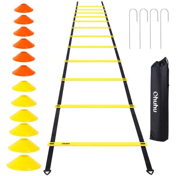 Ohuhu Speed Training Ladder Agility Training Set - 12 Rung 20Ft Agility Ladder and 12 Field Cones,4 Steel Stakes & Carrying Bag,Footwork Equipment for Soccer Football Boxing Drills