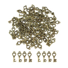 MEDIHOOL 100PCS Antique Bronze L O V E Key Letter Charms, Mixed L O V E Words Style Vintage Skeleton Key Charm Pendants for Necklace Bracelet Jewelry Making and Crafting