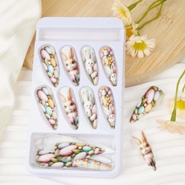 Easter Press On Nails Medium Fake Nails with Glue Rabbit Eggs Pattern Design Acrylic Nails Easter Nails Press Ons Bunny Eggs Tulips Flowers False Nails for Women Kids Glue on Nails(easter eggs nails)