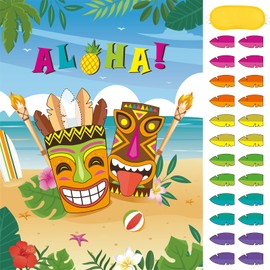 WERNNSAI Pin The Feather on The Tiki Party Games - Hawaiian Luau Party Supplies for Kids Boys 21’’ x 28’’ Aloha Poster with 24 Pcs Stickers for Baby Shower Summer Tropical Beach Pool Activities