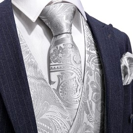 Barry.Wang Flower Waistcoat Vest Necktie Set Pocket Square Cufflink Wedding Business Formal Dress (Silver Gray)