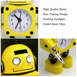 Betus Non-ticking Robot Alarm Clock Stainless Metal - Wake-up Clock with Flashing Eye Lights and Hand Clip (Yellow)