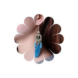 Inateannal Boho Long Filigree Drop Earrings Blue Feather Tassel Dangle Earrings Vintage Ethnic Filigree Studs Jewelry for Women