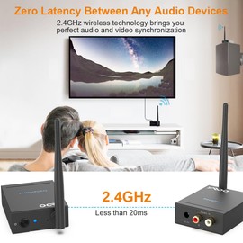 YMOO 2.4GHz Wireless Audio Transmitter Receiver, 192kHz/24bit HiFi Audio, 20ms Ultra Low Latency, 320ft Long Range RCA Jack Adapter for Speaker/Soundbar to TV/PC/CD Player/Computer/Projector