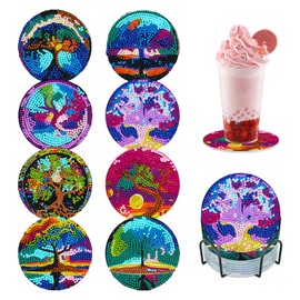 Rongxze Pack of 8 Diamond Painting Coasters with Holder, Tree of Life Diamond Painting Coasters, Round Magic Tree Diamond Painting Pictures Coasters for Cups Adults Children (10 cm)