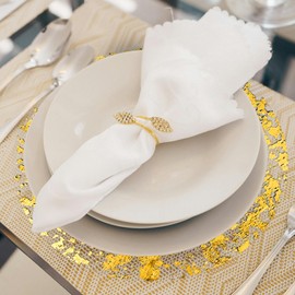 50 Piece Gold Placemats Disposable Round Table Mat 13 Inch Gold Foil Mesh Pressed Gold Paper Placemat Gold Tablecloths Table Runner for Party Wedding Home Dinners Table Decor