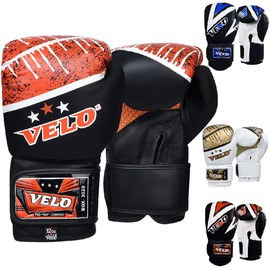 VELO Boxing Gloves Leather Muay Thai Training Punching Bag Mitts Fighting Glove for Punch Focus Pad (Black-Orange, 12oz)