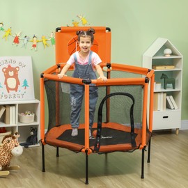 Qaba 48" Trampoline for Kids, Toddler Trampoline with Safety Enclosure Net, Basketball Hoop, Mini Trampoline Indoor Outdoor for Ages 3-6, Gifts for Boys & Girls, Orange