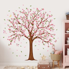Pink Peach Flower Tree Wall Decal Large Cherry Blossom Tree Wall Sticker Pink Flower Birds Stickers Art Decals for Bedroom Living Room Sofa TV Background Home Decor