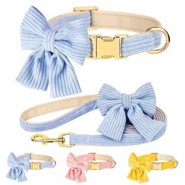 RoseYouth Dog Collar and Leash Set with Bowtie, Cute Girl Dog Collars Metal Buckle Adjustable 10‘’-16‘’for Small Medium Puppy Dogs with 5 FT Leash (Blue,S)