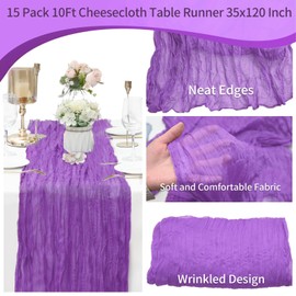 15 Pack Cheesecloth Table Runner 10Ft Cheese Cloth Table Runner 35 x 120 Inch Boho Table Runners Gauze Table Cover for Wedding Birthday Party Banquet Event Engagement Bridal Baby Shower Decor(Purple)