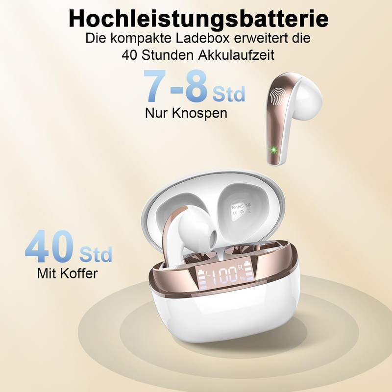 Bluetooth Headphones, Wireless Bluetooth 5.3 In-Ear Headphones with 4 Mics,