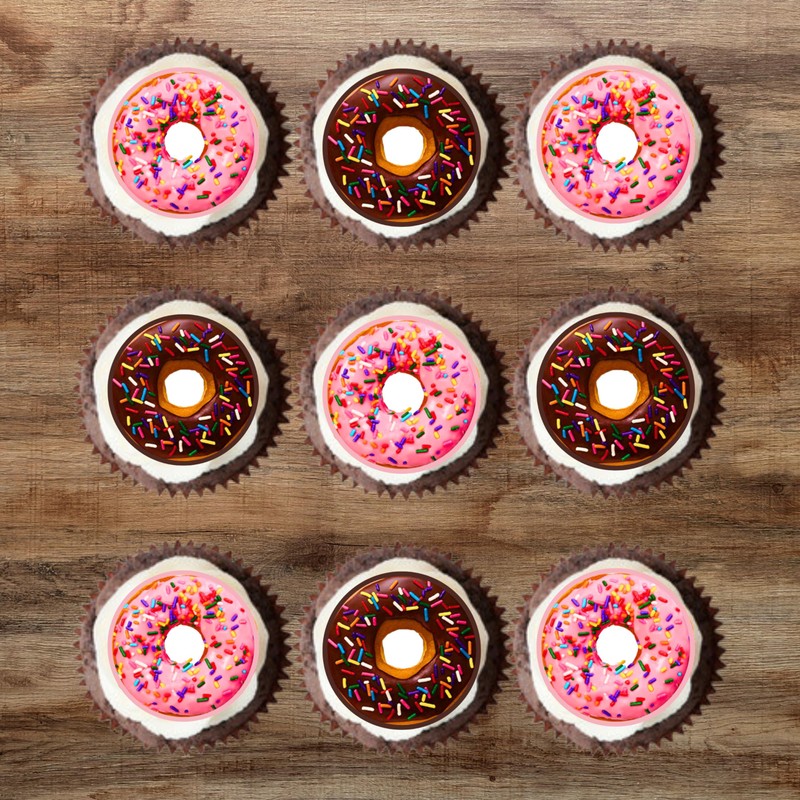 24 Doughnuts Edible Cupcake Toppers, (PRECUT Optional) Donuts Premium Thickness