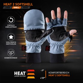 Heat 2 Fingerless Gloves and Mittens Combination, Warm Winter Gloves Against the Wind and Cold in Winter - Sports Gloves, Cycling Gloves Women, Men, Blue, Large