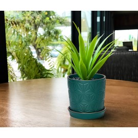 D'vine Dev Ceramic Flower Plants Pots Planter, 3.8 Inch 5.8 Inch Stoneware Planter Pot with Drainage Hole and Saucer, Set of 2, Dark Blue Green, 99-E-4