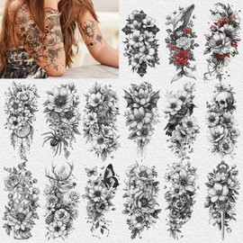 Acevegue 79 Sheets Temporary Tattoos for Women, Flowers/Wild Plant/Skeleton/Butterfly Tattoo Stickers, Fake Tattoos Transfers Semi Permanent Tattoos for Women and Girls