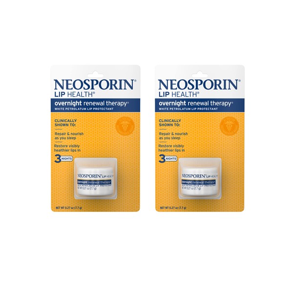 Neosporin Lip Health Overnight Renewal Therapy White Petrolatum Lip Protectant, Lip Moisturizer to Nourish & Repair Dry Lips, Helps Relieve, Prevent & Protect Chapped Lips, 0.27 oz, 2 Pack