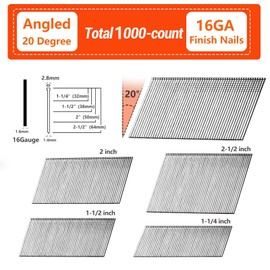 SITLDY 16 Gauge 20-Degree Angled Finish Nails, 1-1/2 inch 1000-Pack Galvanized, for Pneumatic, Electric Angled Finish Nailer