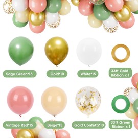 RUBFAC 80Pcs 12 Inches Retro Green Pink Balloons, Sage Green Pink White Gold Confetti Balloons Olive Green Dusty Pink Metallic Gold Latex Balloons Set for Birthday Baby Shower Wedding Party Decoration